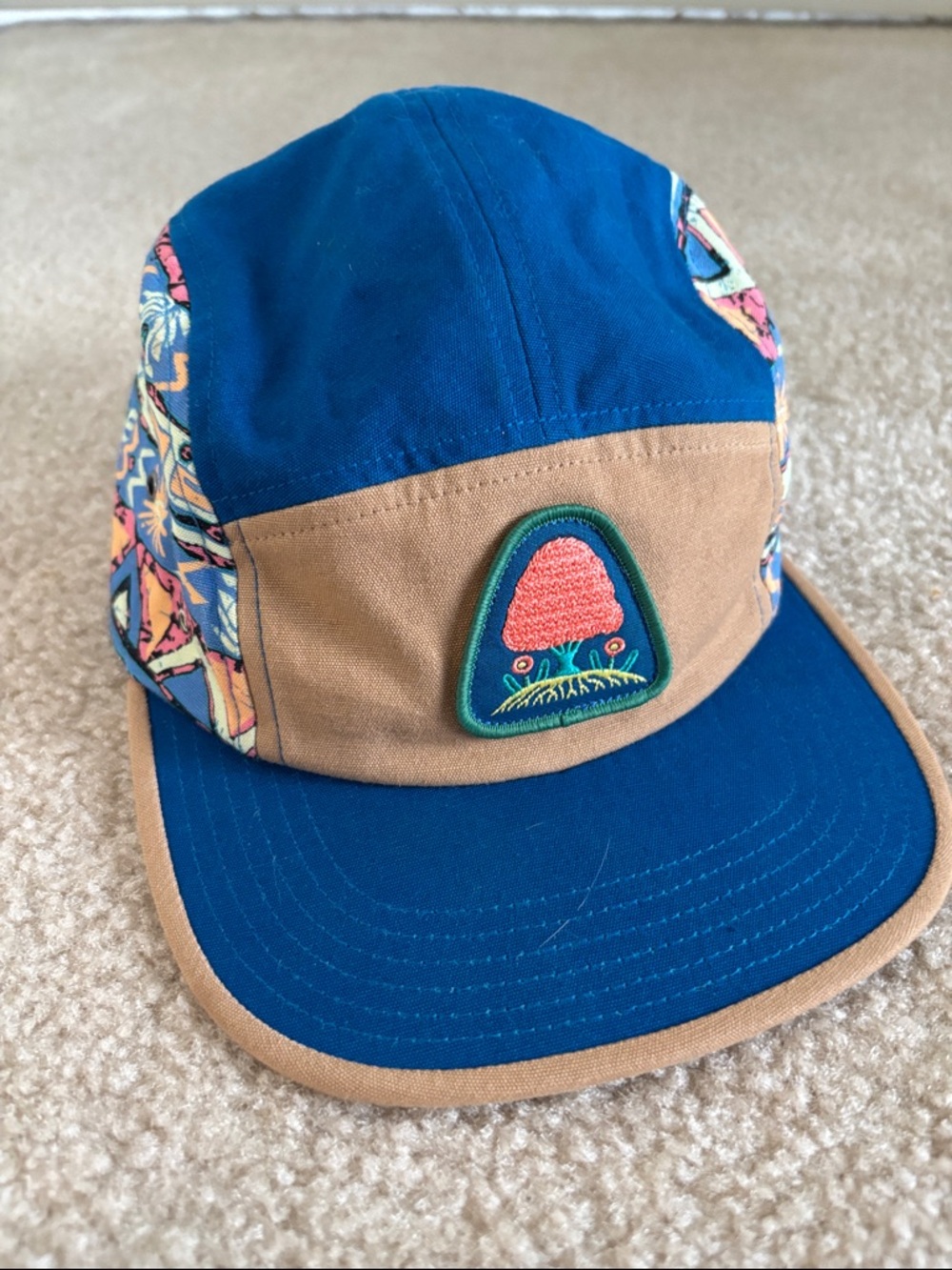 Netplus Blue and Tan 5-Panel Hat with Mushroom Patch